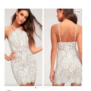 Lulus Delicate Darling Halter white nude floral dress mini sexy fitted XS